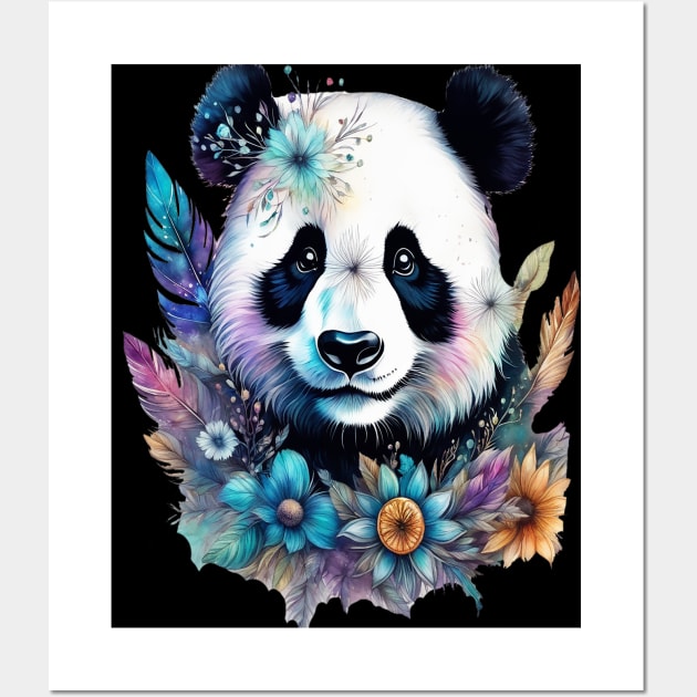 Fantasy, Watercolor, Panda Bear With Flowers and Butterflies Wall Art by BirdsnStuff